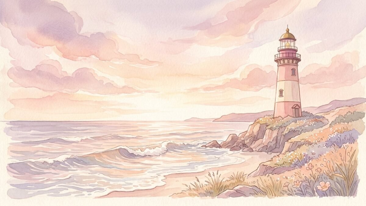 A lighthouse standing firm as gentle waves roll in, soft watercolour illustration