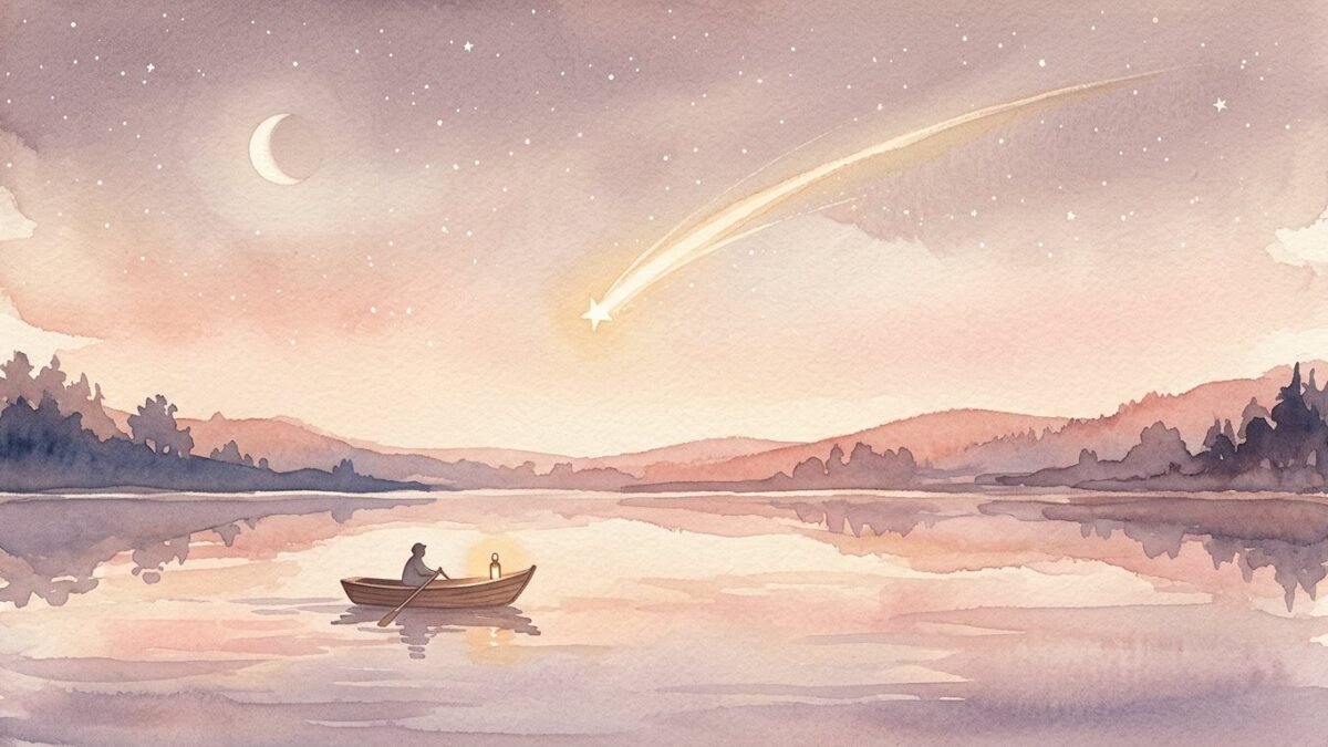 A shooting star over a quiet lake with a small boat, soft watercolour illustration