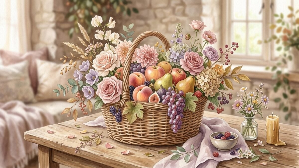 A basket overflowing with fruit and flowers on a harvest table, soft watercolour illustration