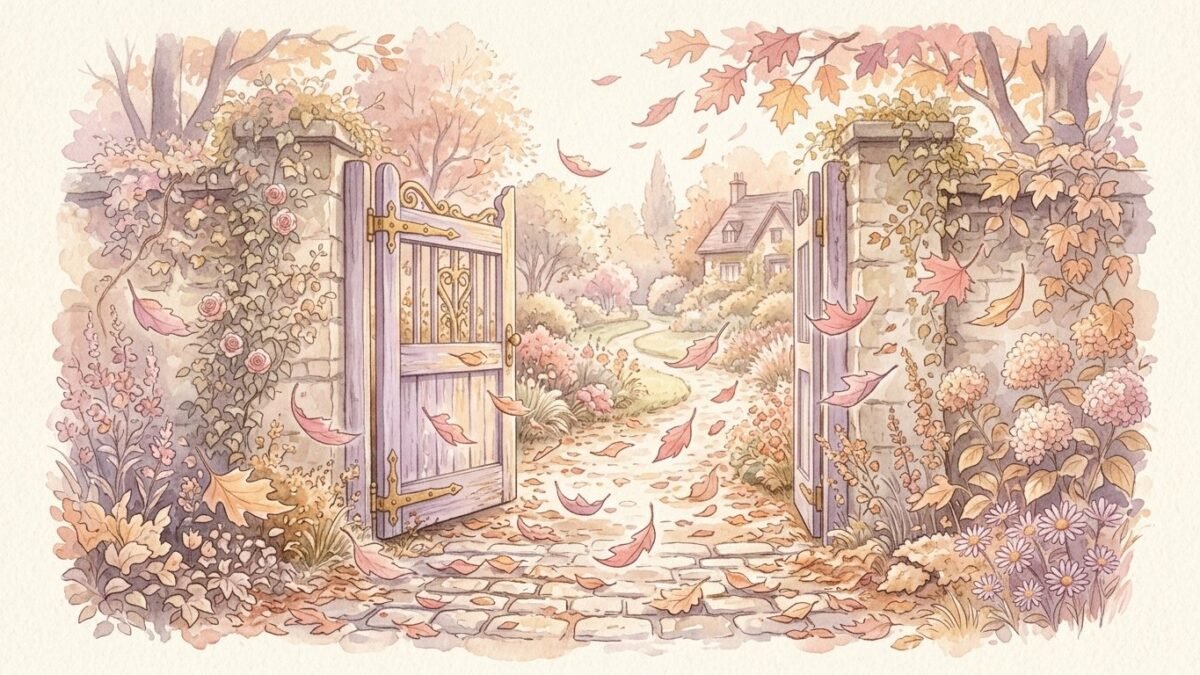 Autumn leaves swirling around an open garden gate, soft watercolour illustration