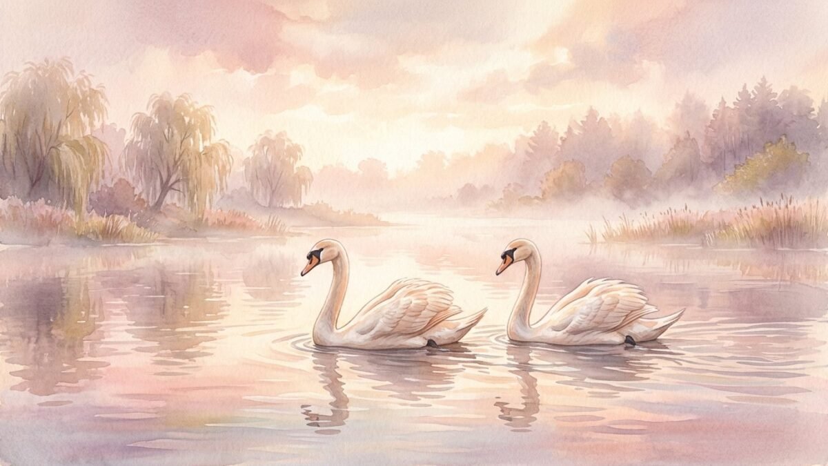 A pair of swans gliding side by side on a misty lake, soft watercolour illustration