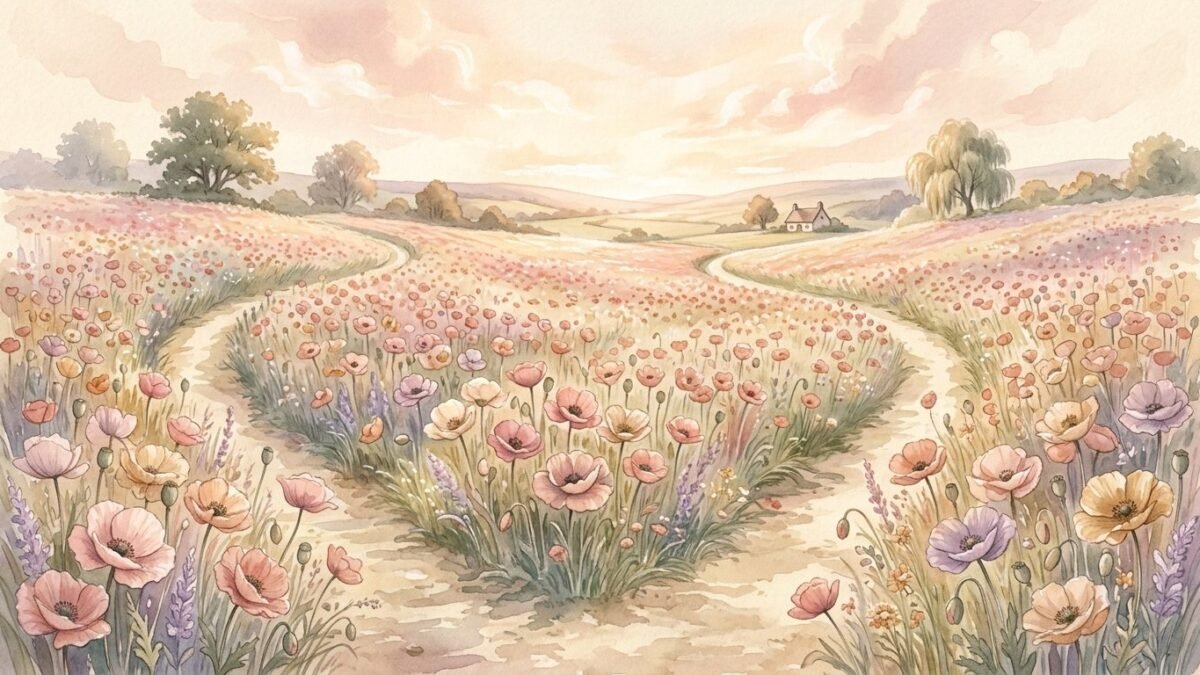 Two paths merging into one through a field of poppies, soft watercolour illustration