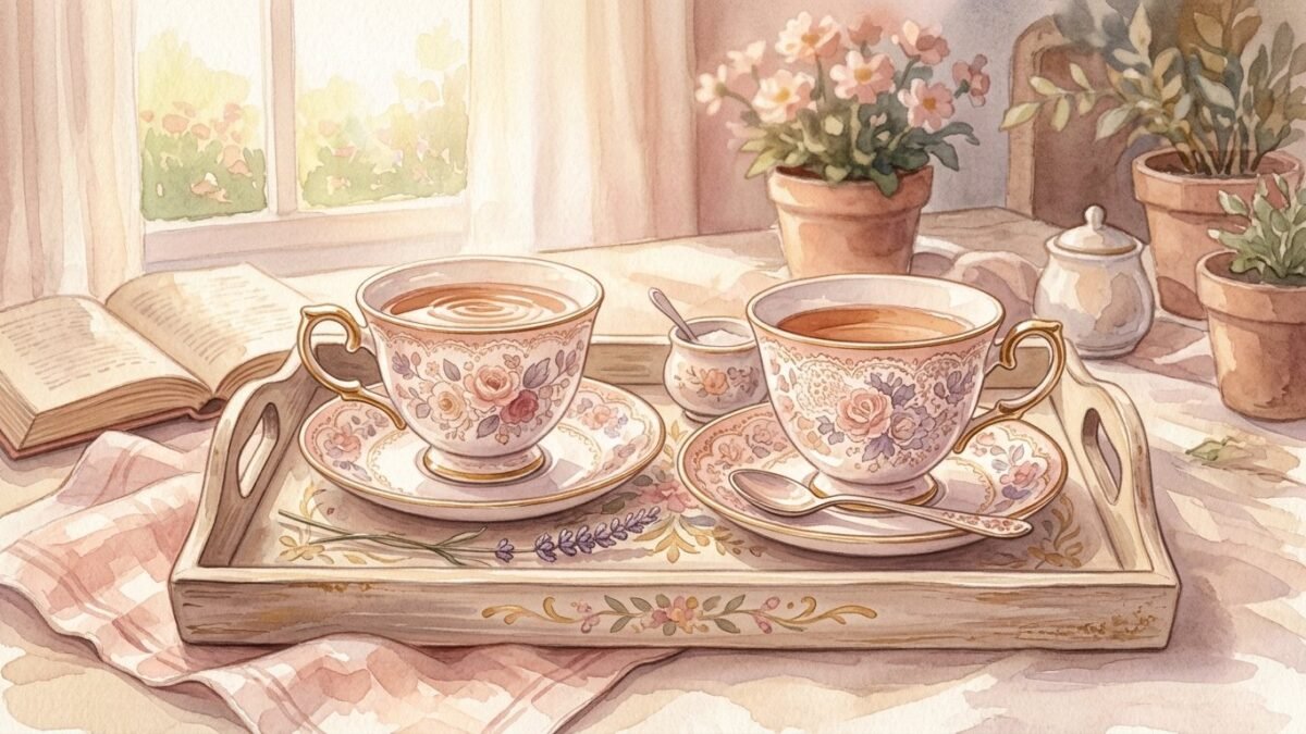 Two matching teacups on a balanced tray, calm harmony, soft watercolour illustration