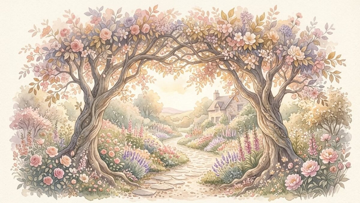 Two trees whose branches intertwine above a garden path, soft watercolour illustration