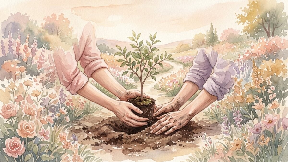 Hands of two people planting a young tree together, soft watercolour illustration