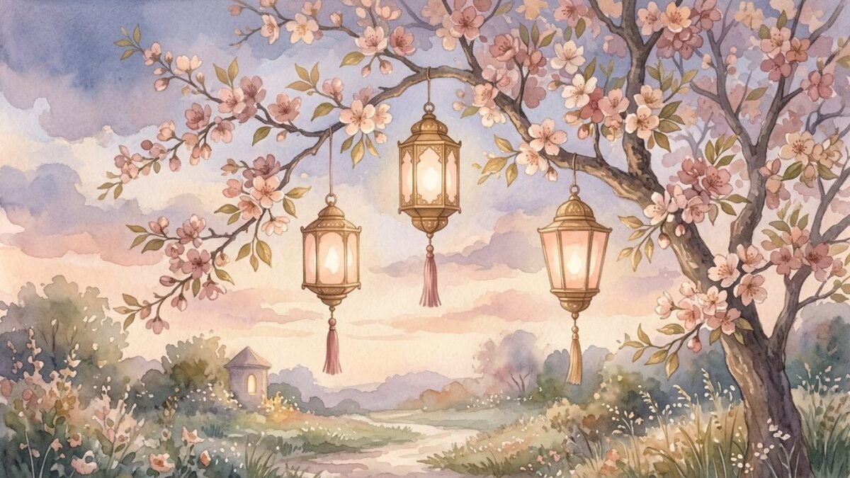 Three glowing lanterns hanging from a blossom tree at dusk, soft watercolour illustration