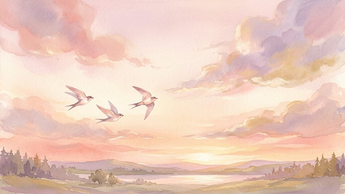 A trio of birds flying together across a sunset sky, soft watercolour illustration