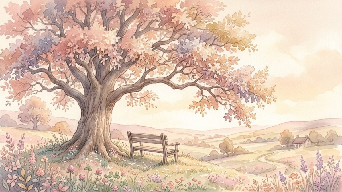 A strong old oak tree sheltering a small bench, soft watercolour illustration