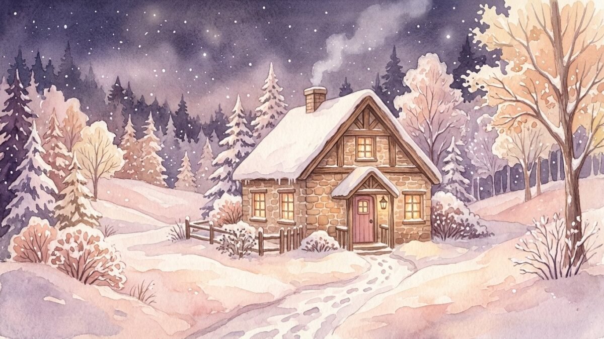 A snug stone house with four lit windows on a snowy night, soft watercolour illustration
