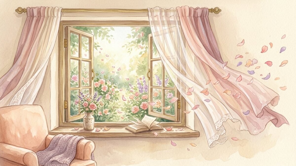 Wind blowing through an open window lifting the curtains and petals, soft watercolour illustration