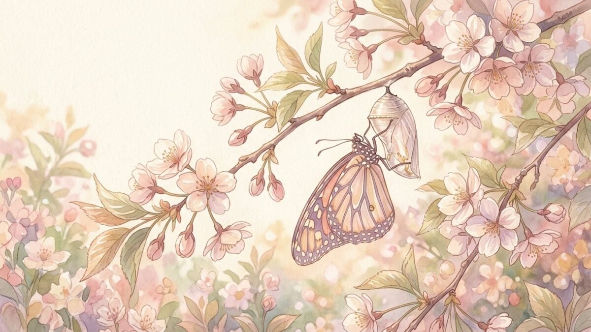 A butterfly leaving a cocoon on a blossoming branch, soft watercolour illustration
