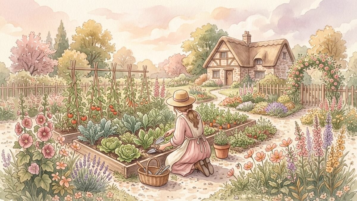 A person seen from behind tending a balanced vegetable garden, soft watercolour illustration