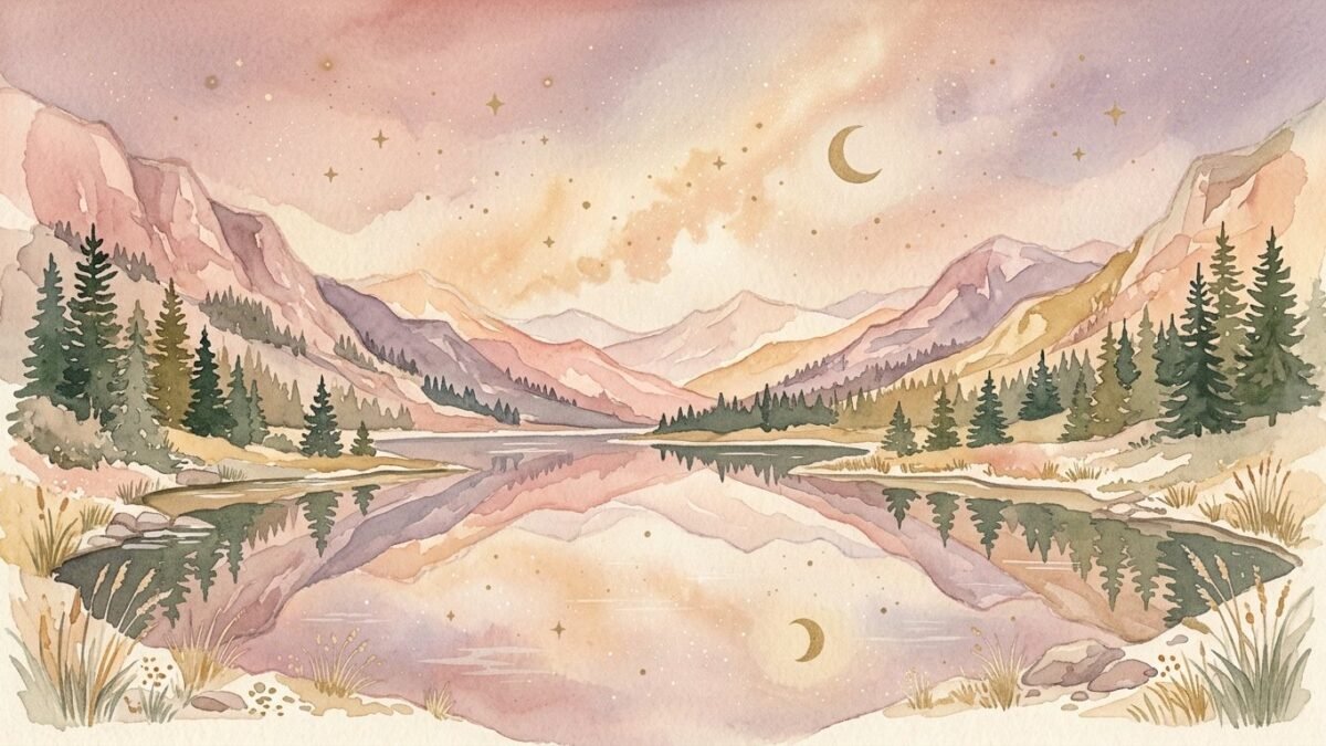 A starry sky reflected in a still mountain lake, soft watercolour illustration