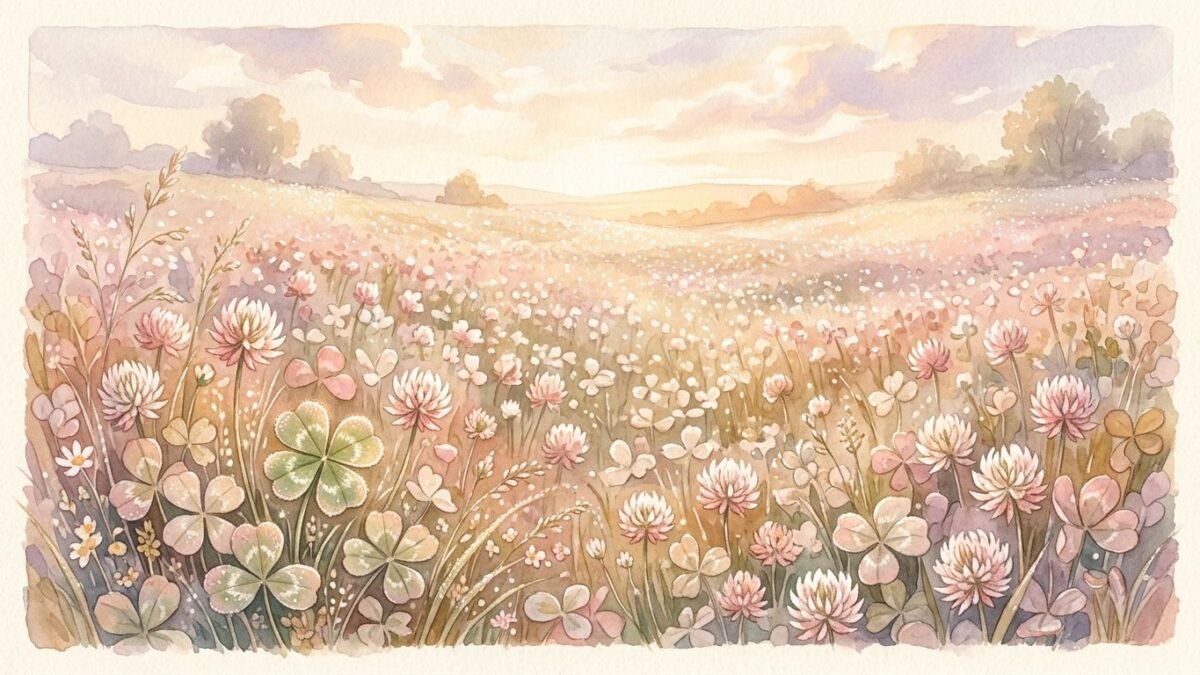 A clover field sparkling with morning dew and a single four leaf clover, soft watercolour illustration