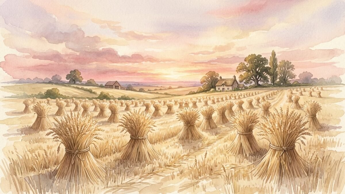 A golden harvest field with sheaves of wheat at sunset, soft watercolour illustration