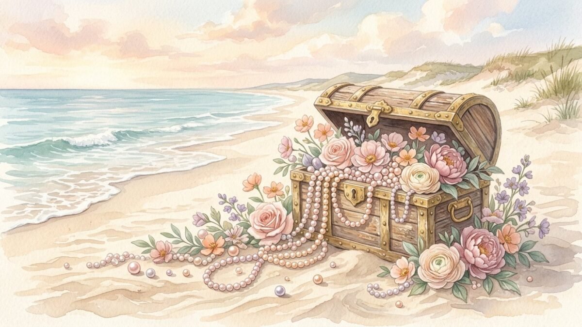 A treasure chest spilling pearls and flowers on a sandy beach, soft watercolour illustration