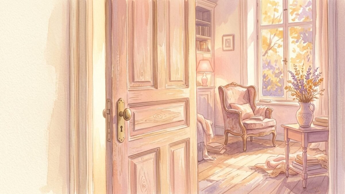 A door gently closing on a room full of autumn light, soft watercolour illustration