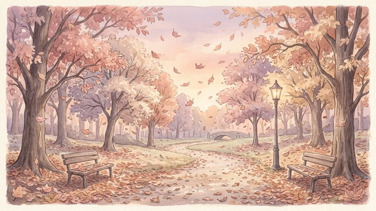 Falling autumn leaves over a quiet park path at dusk, soft watercolour illustration