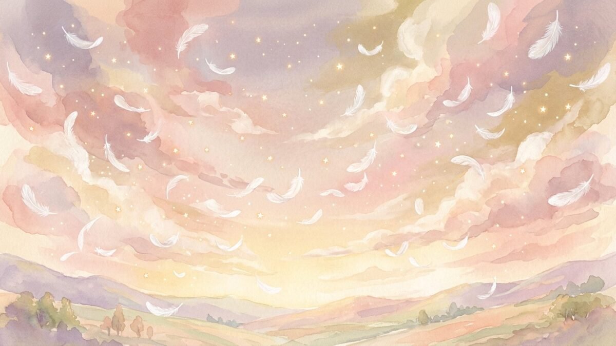 Soft golden light and white feathers drifting through a pastel sky scattered with tiny glowing stars, soft watercolour illustration