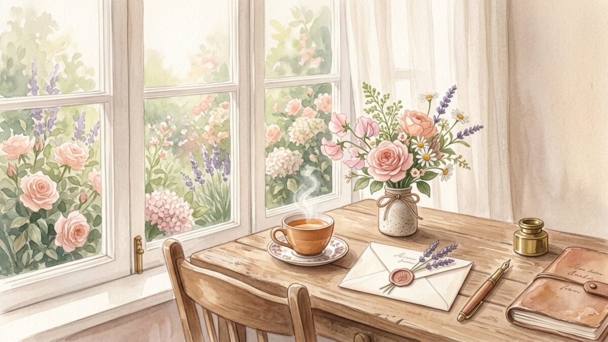 A writing desk by a window with a sealed envelope, a fountain pen, a small posy of garden flowers and a cup of tea, soft watercolour illustration