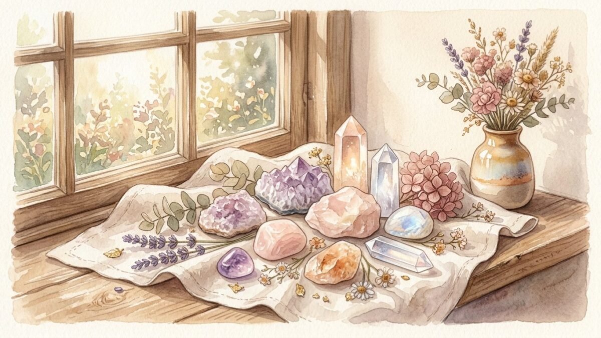 Amethyst, rose quartz, citrine, moonstone and clear quartz arranged on a linen cloth by a sunny window with dried flowers, soft watercolour illustration