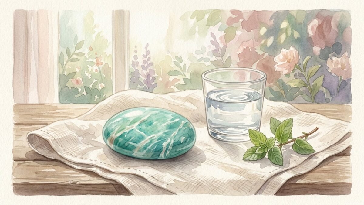 A smooth sea green amazonite palm stone resting on a linen cloth beside a small glass of water and a sprig of mint, calm morning light, soft watercolour illustration