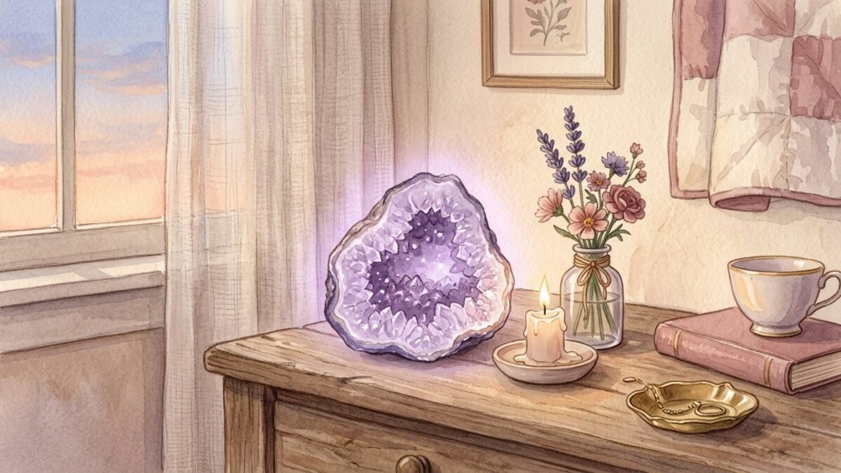 Amethyst geode, a glowing purple amethyst geode on a bedside table beside a candle and a sprig of lavender, evening light, soft watercolour illustration