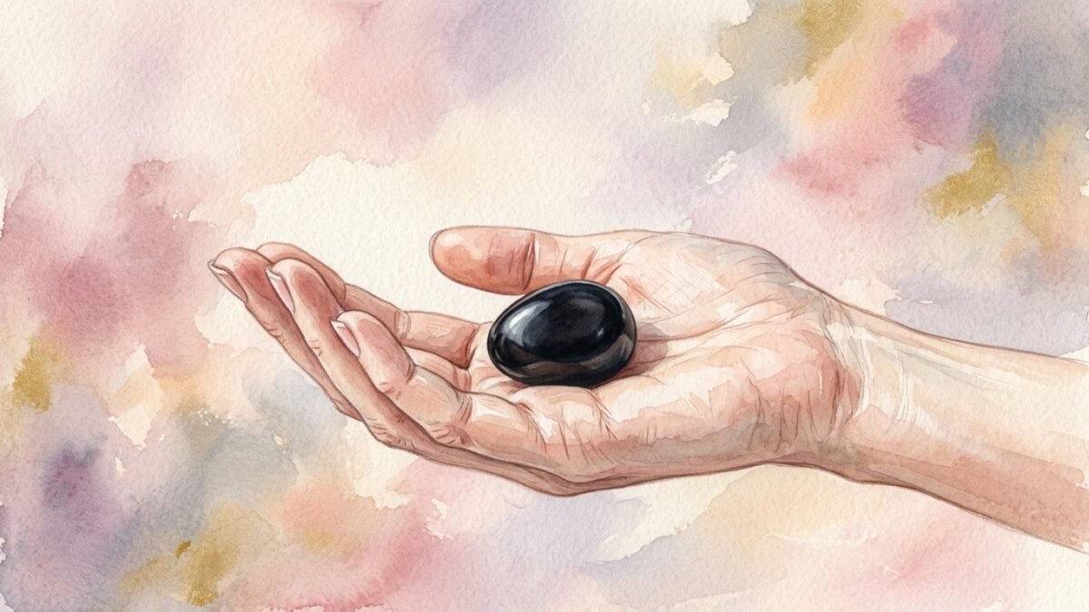 A polished black onyx stone held in an open palm, soft grey and rose background, steady quiet mood, soft watercolour illustration