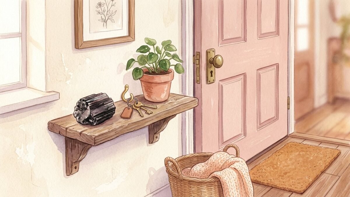 Black tourmaline by the door, a raw black tourmaline crystal on a wooden shelf by a front door with keys and a small plant, soft watercolour illustration