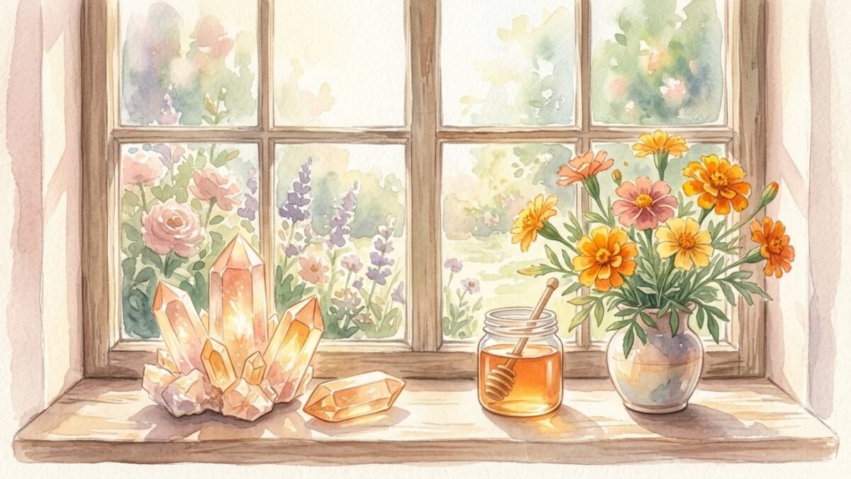 Golden citrine points on a sunny windowsill beside a jar of honey and a bunch of marigolds, soft watercolour illustration