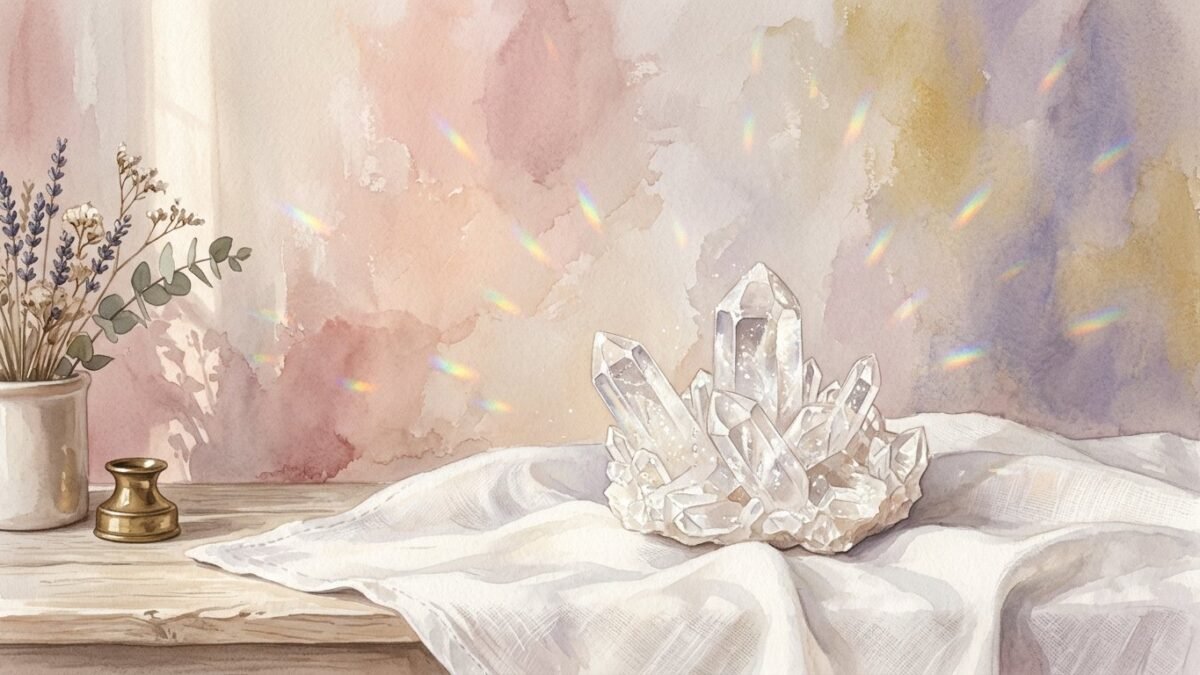 A sparkling clear quartz cluster catching morning light on a white linen cloth, tiny rainbows on the wall, soft watercolour illustration