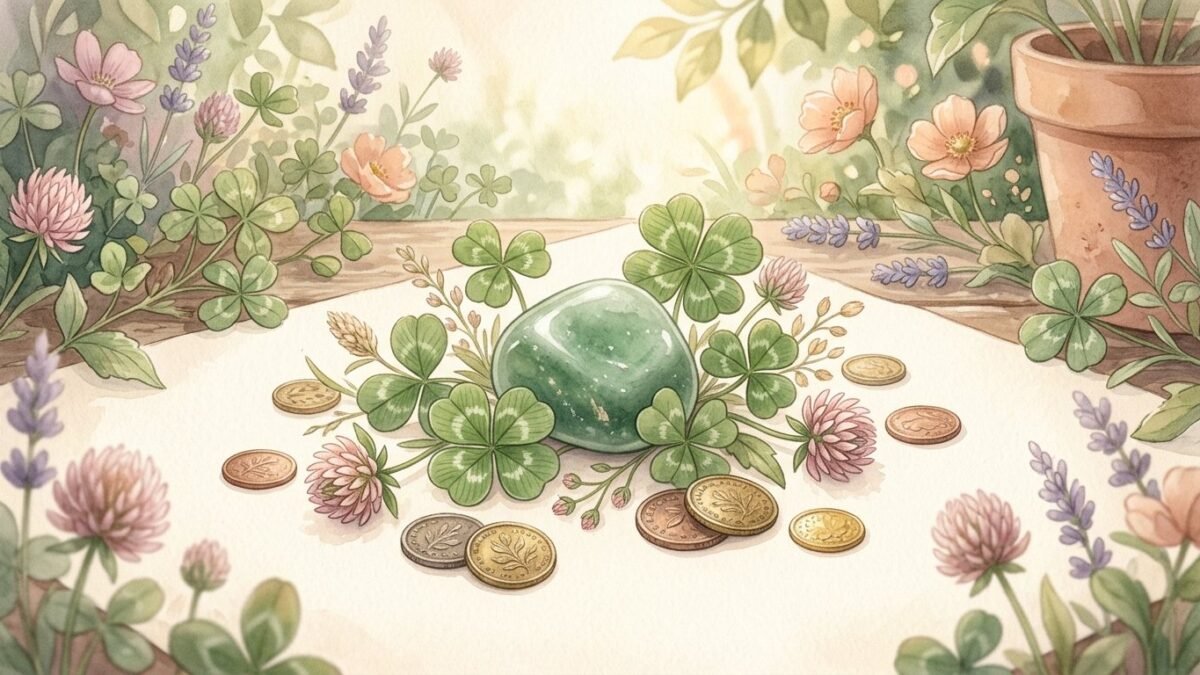 A tumbled green aventurine stone among clover leaves and small coins on a garden table, soft watercolour illustration