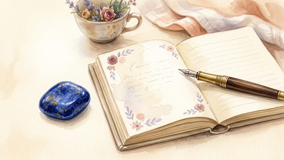 A deep blue lapis lazuli stone with gold flecks beside an open journal and a fountain pen, soft watercolour illustration