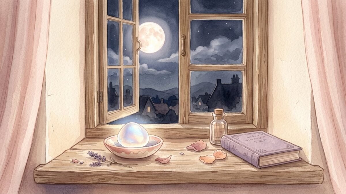 A milky moonstone glowing softly on a windowsill under a full moon, soft watercolour illustration