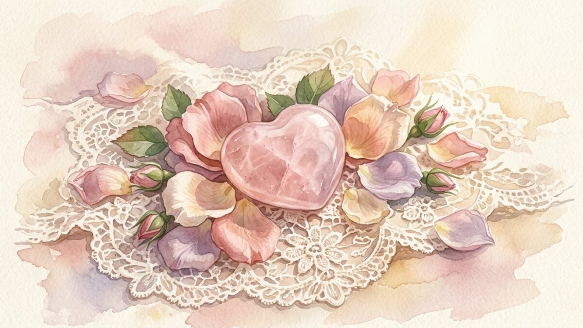A pink rose quartz heart resting among rose petals on a lace cloth, warm light, soft watercolour illustration
