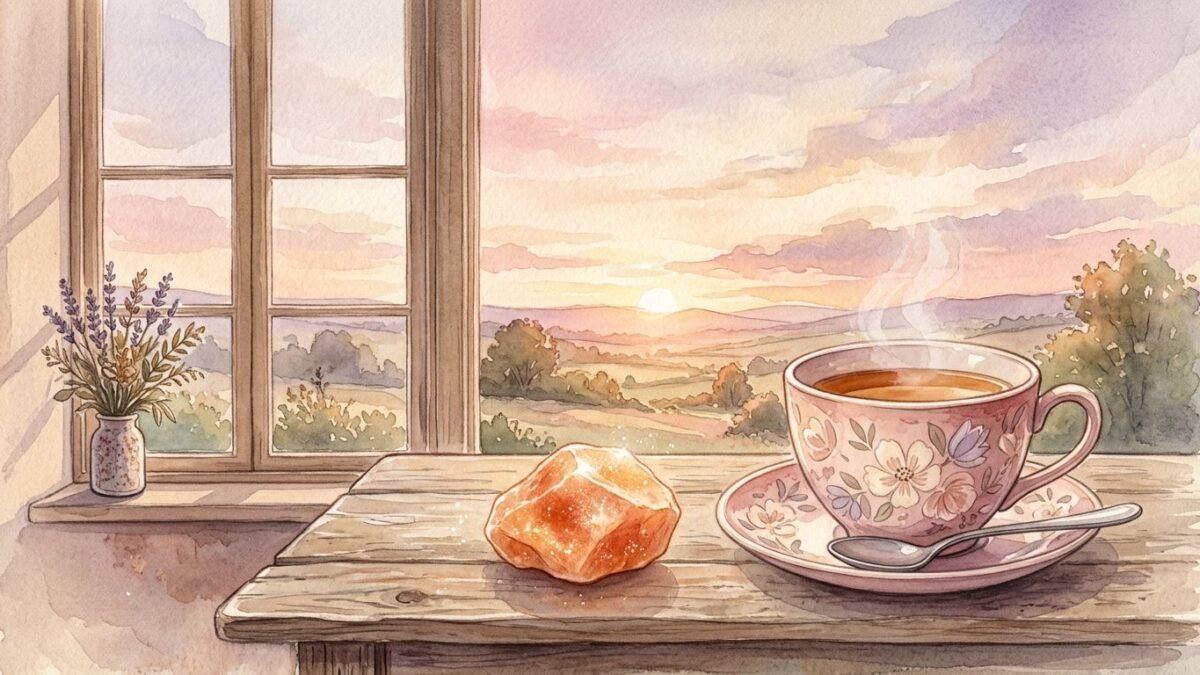 A glittering orange sunstone on a wooden table beside a cup of tea as the sun rises outside, soft watercolour illustration