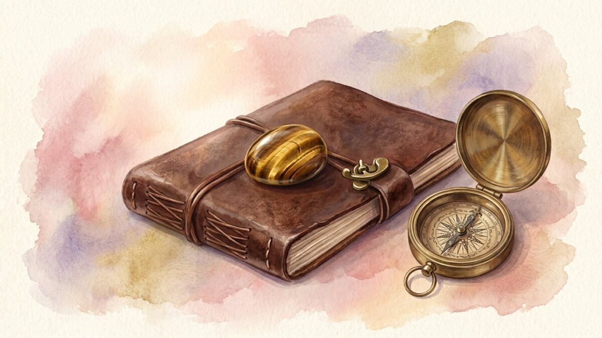 A golden brown tigers eye stone on a leather notebook beside a brass compass, soft watercolour illustration