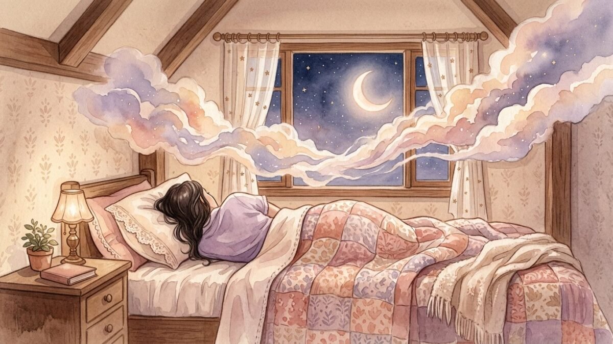 A sleeping woman seen from behind in a cozy bed under a window, soft clouds and a crescent moon drifting into the room, soft watercolour illustration
