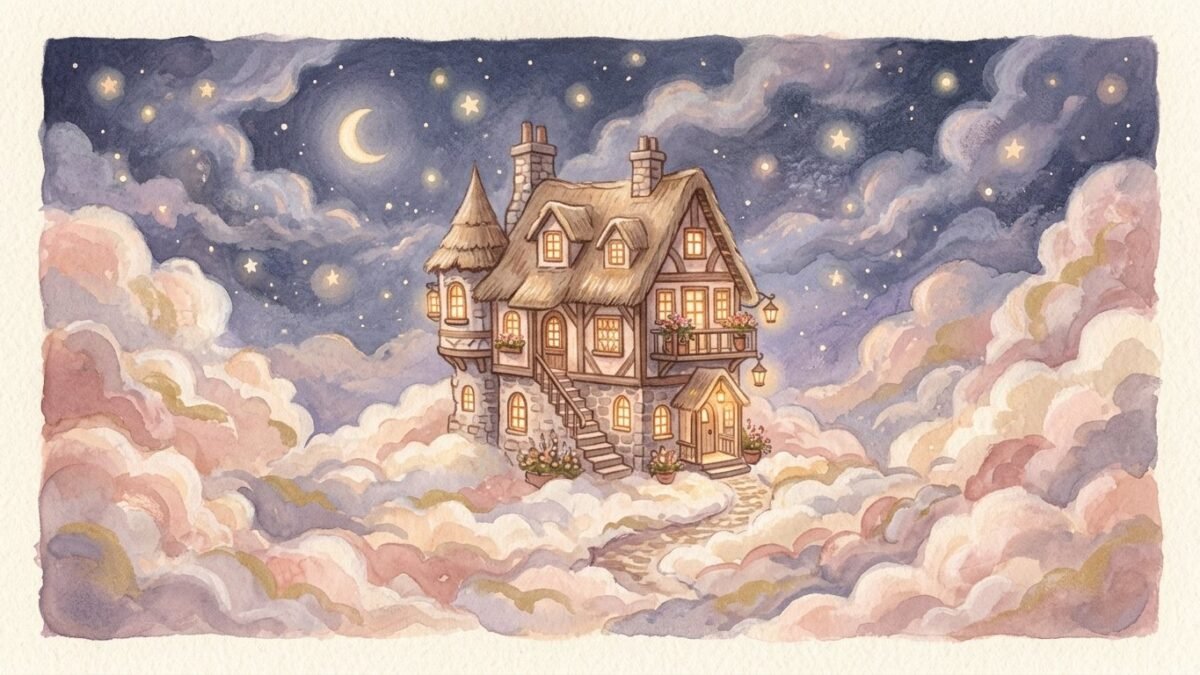 A cosy cottage with many glowing windows floating among soft clouds in a night sky, soft watercolour illustration