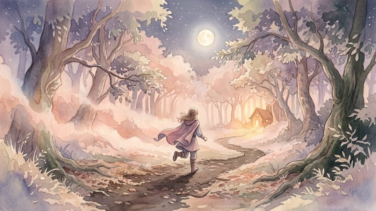 Running through a moonlit forest path, a figure seen from behind hurrying toward a warm light, dreamlike soft mist, soft watercolour illustration