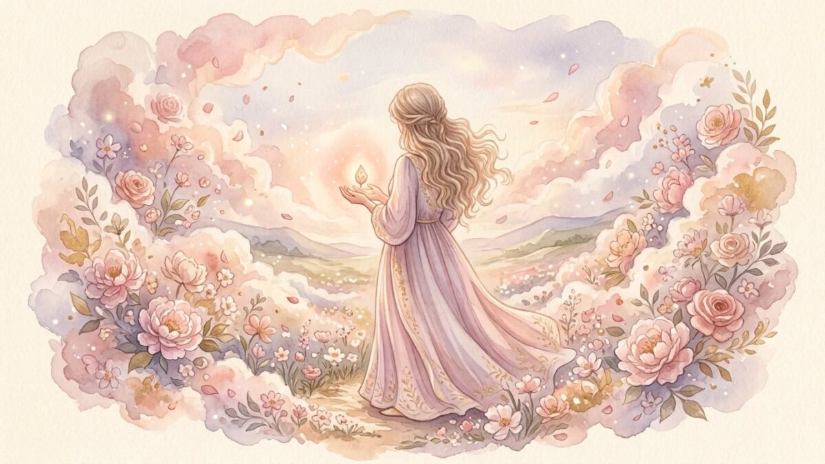 A woman seen from behind cradling a glowing seed of light in her hands, dreamlike clouds and blossoms around her, soft watercolour illustration