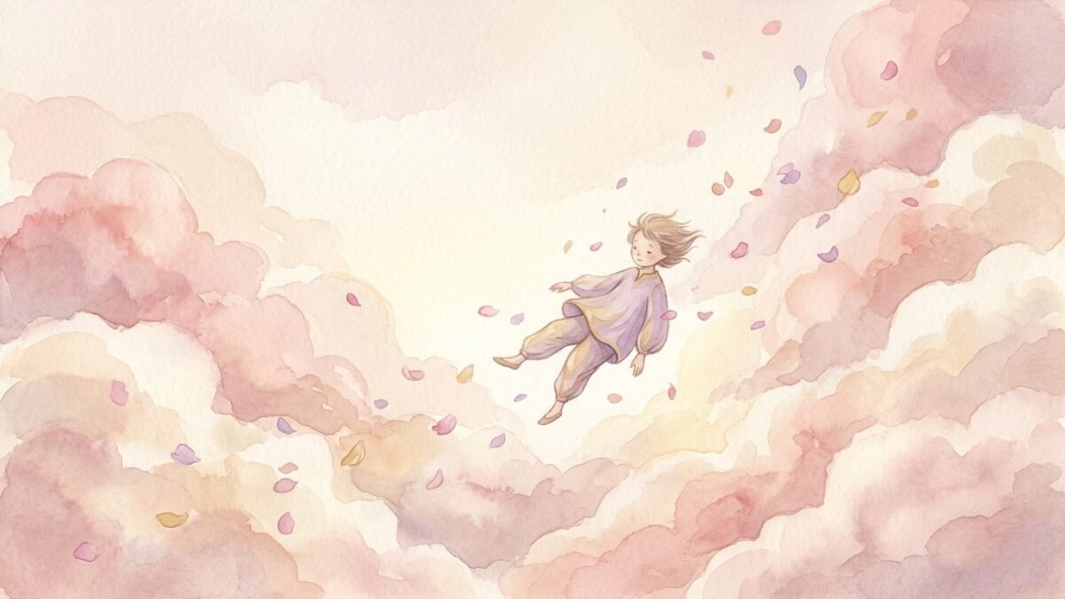 Falling gently through soft pink clouds, a small figure drifting down among floating petals, dreamlike, soft watercolour illustration