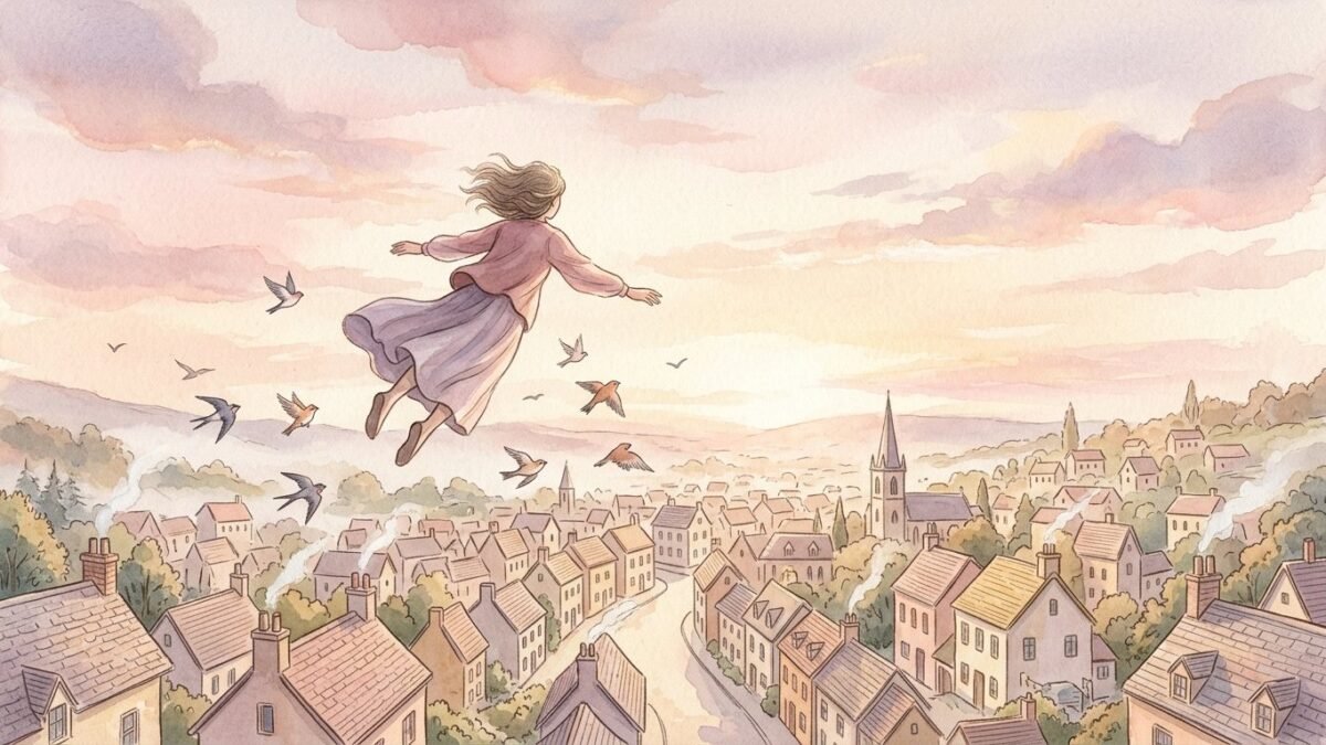 Flying over rooftops, a figure seen from behind soaring above a sleeping town at dawn with birds around, soft watercolour illustration