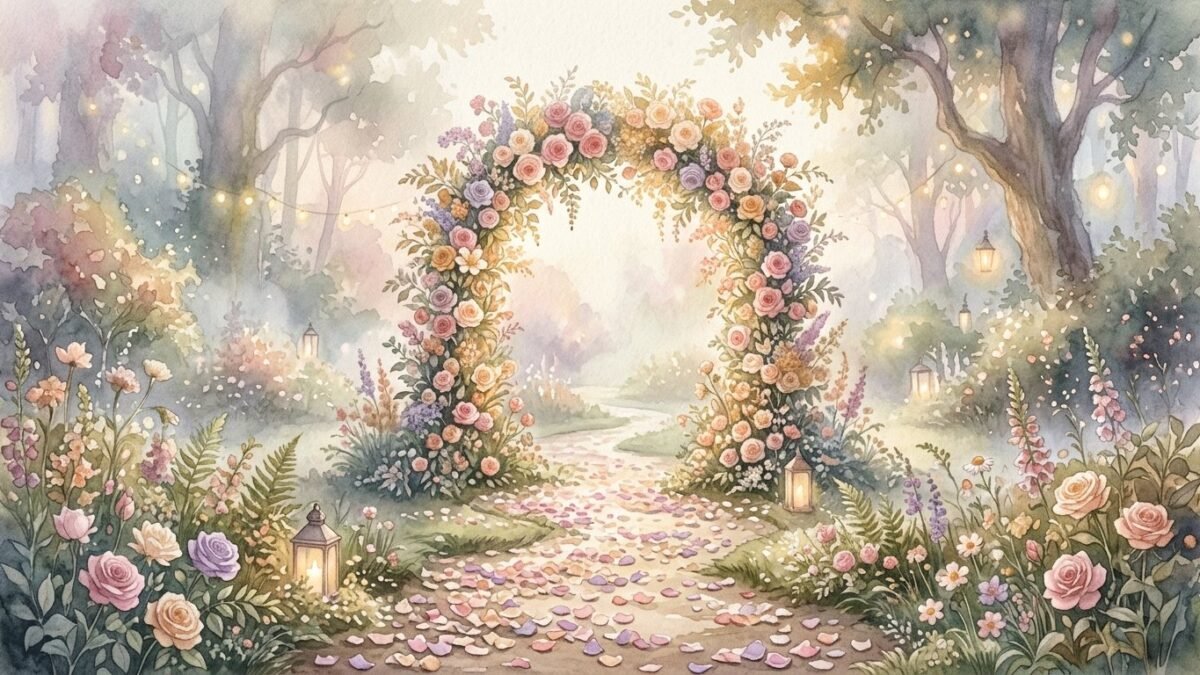 An arch of roses in a misty garden with an empty aisle of petals, dreamlike light, soft watercolour illustration
