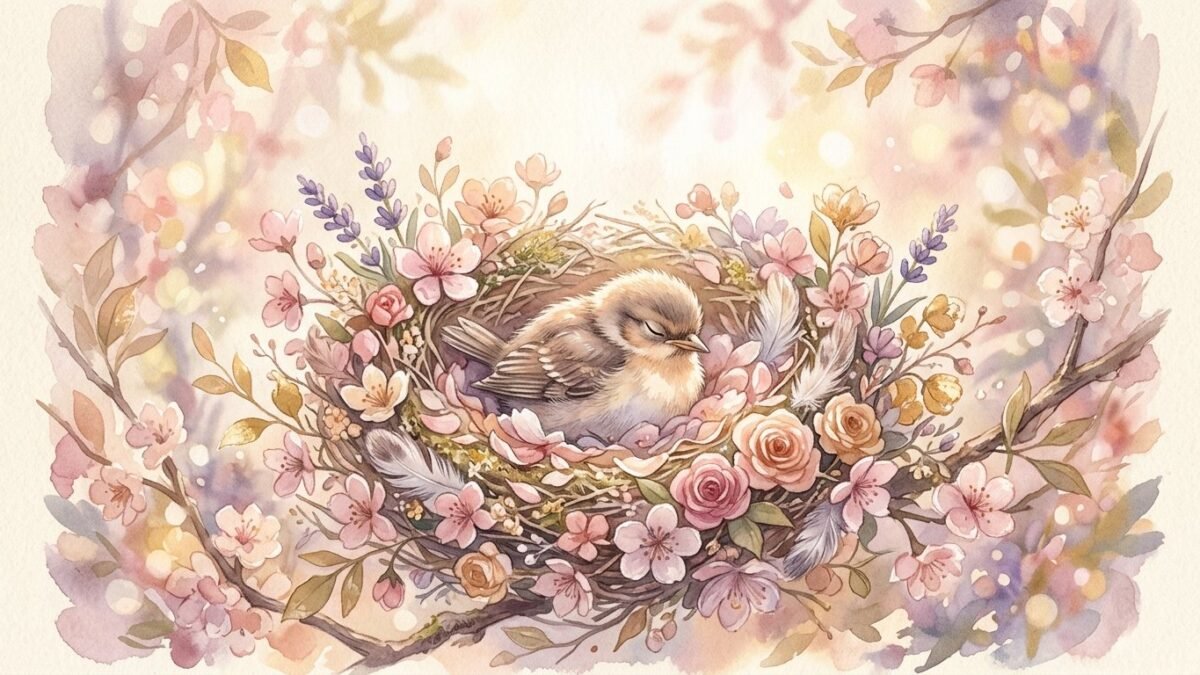 A tiny sleeping baby bird in a nest of blossoms, soft glowing dreamlike light, soft watercolour illustration