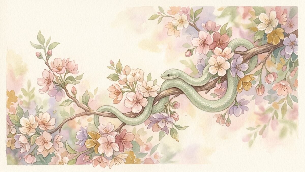 A gentle pale green snake curled around a flowering branch, calm and harmless, dreamlike soft light, soft watercolour illustration