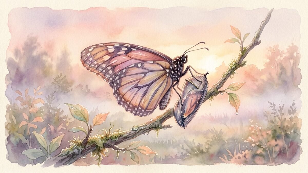 A butterfly emerging from a chrysalis on a twig at dawn, transformation, dreamlike soft light, soft watercolour illustration
