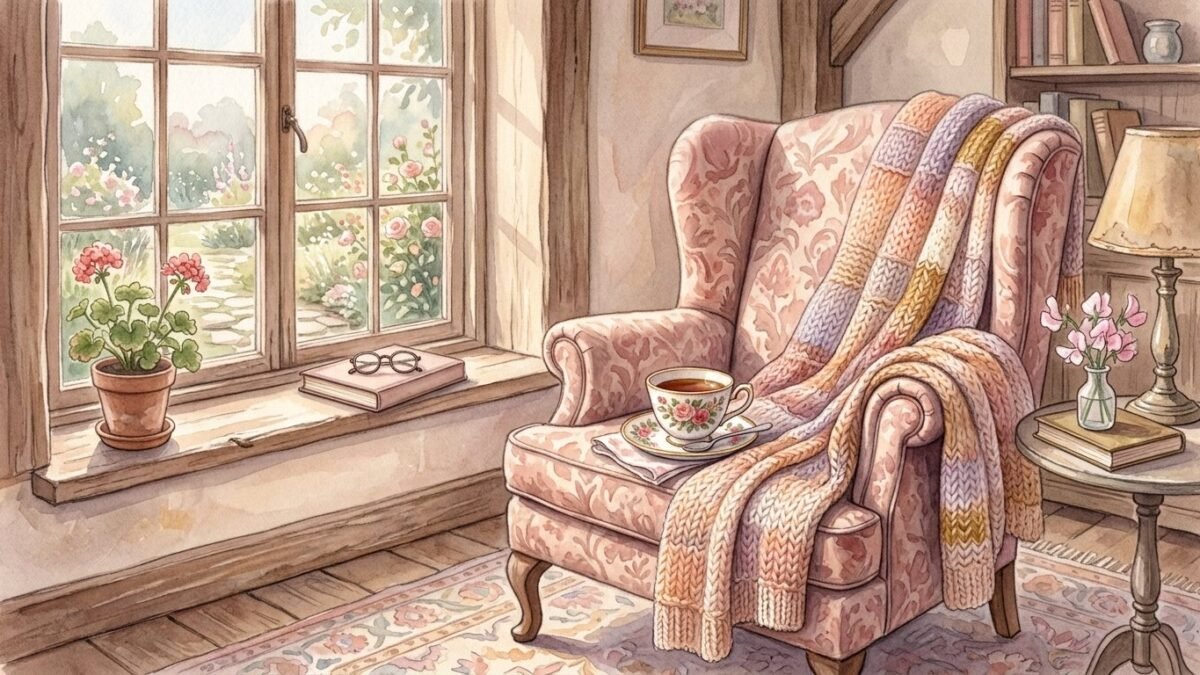 An empty armchair by a window with a knitted blanket and a cup of tea, soft light falling across it, tender remembrance, soft watercolour illustration