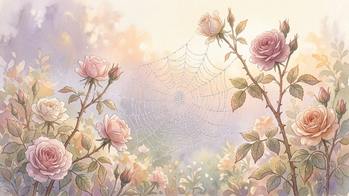 A dewy spider web glistening between rose stems at dawn, delicate and beautiful, soft watercolour illustration