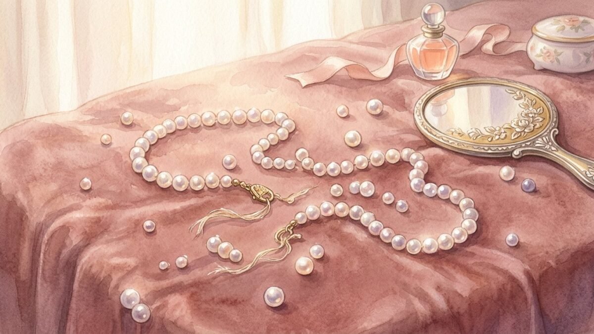 Pearls spilling from a broken necklace onto a velvet dressing table, dreamlike soft light, soft watercolour illustration